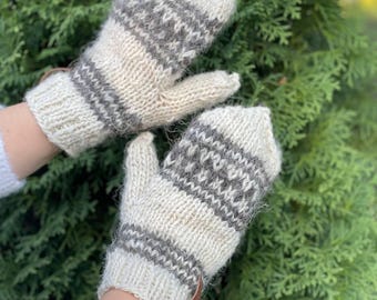 Cozy Hand Knitted Wool Mittens with Nordic Striped Pattern Warm Winter Gloves, Handmade Scandinavian Design Gift for Women Unisex Sizes S–XL
