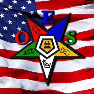 May include: A five-pointed star with the letters "OES" in green, "E" in blue, and "O" in red. The star is superimposed on an American flag.