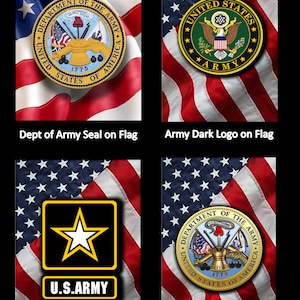 May include: Four images showcasing U.S. Army emblems and seals against a backdrop of the American flag. The images include the Department of the Army seal, the Army dark logo, the Army logo, and a detailed seal, each with text identifying the emblem.