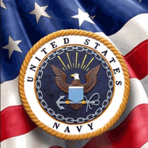 May include: A close-up of a United States Navy seal with a bald eagle and anchor on a blue background. The seal is surrounded by a gold rope border and the words "United States Navy" are written around the border.