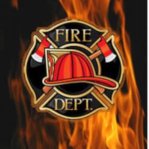 May include: A black and gold firefighter emblem with crossed axes, a red helmet, and the words "FIRE DEPT." against a background of orange and yellow flames.