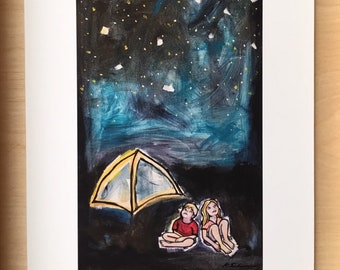 Childlike Awe, looking at the stars painting, camping painting, kids camping, stars painting, moon art, stars and moon art