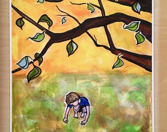 Mustard Seed Faith. Boy and tree painting. Little boy tree art. Boy with tree. Mustard seed bible quote. Tree branches painting. Giclee art.