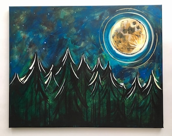 Moonlit Trees. Painting of evergreen trees. Moon painting. Moon and trees painting. Night moon art. Moon acrylic. Art trees with moon.