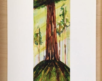 Palm to Tree. Redwood tree painting. Girl in woods. Redwood tree art. Sequoia painting. Redwood hiking painting. Tree lover. Girl hiking.