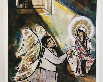 The Annunciation, Mary and Gabriel, Hail Mary painting, Modern Annunciation painting, Mary art, Annunciation art, Mary with Angel art