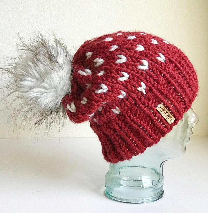 Handmade in Minnesota Spice /& Wheat Fair Isle Hearts Faux Fur Pom Slouchy Chunky Knit Winter Beanie Valentine/'s Day Women/'s Warm Hat