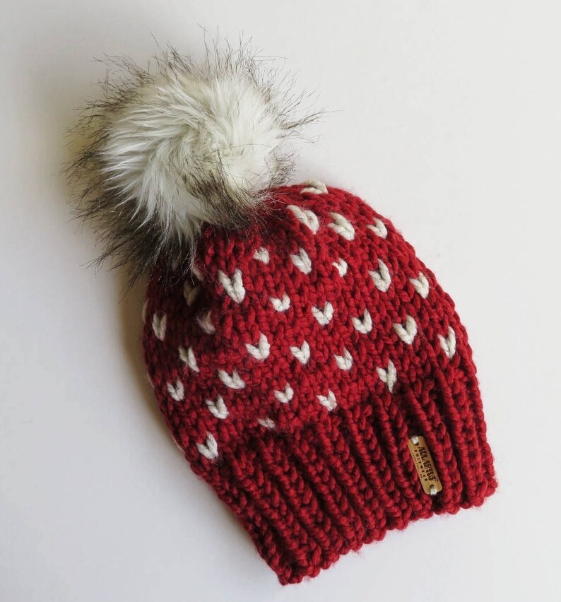Handmade in Minnesota Spice /& Wheat Fair Isle Hearts Faux Fur Pom Slouchy Chunky Knit Winter Beanie Valentine/'s Day Women/'s Warm Hat