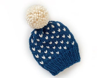 Knit Heart Hat - Petrol Blue & Cream Fair Isle Slouchy beanie - Women's Warm Winter Hat - Ready to Ship Faux Fur Pompom Handmade Gift