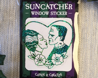 Frankenstein and The Bride Suncatcher Window Sticker, Removable Rainbow Effect Window Cling, Vinyl Decal, Universal Monsters, Goth Decor