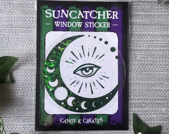 Celestial Suncatcher Window Sticker, Moon Phase Suncatcher, Removable Rainbow Effect Window Cling, Eye Sticker, Alternative Home Decor