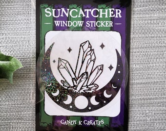 Crystals and Moon Phase  Suncatcher Window Sticker, Removable Rainbow Effect Window Cling, Vinyl Decal, Alternative Home Decor