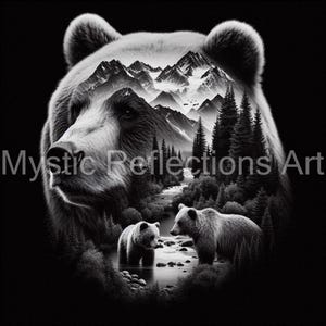 May include: A black and white image of a bear's head with a mountain range inside. Two smaller bears are visible in the background, one on each side of a stream.