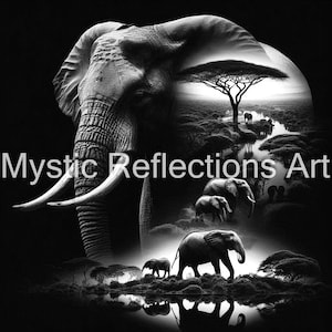 May include: A black and white photograph of an elephant with its trunk raised. The elephant is standing in front of a scene of a savanna with trees and other elephants in the background.