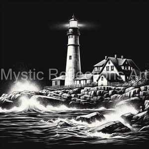 Puede incluir: Una ilustración en blanco y negro de un faro en una costa rocosa con olas rompiendo. El faro es alto y tiene una luz que brilla desde la parte superior. Hay una pequeña casa al lado del faro.