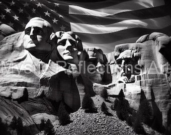 May include: A black and white photograph of Mount Rushmore National Memorial with the American flag waving in the background.
