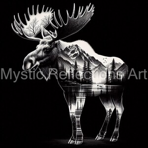 May include: Black and white illustration of a moose with a mountain landscape inside its silhouette. The moose is standing on a black background.