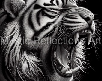 May include: A black and white close-up image of a tiger roaring with its mouth open, showing its teeth. The tiger's fur is detailed with individual hairs.