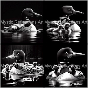 May include: Black and white photograph of a loon with its chicks. The loon is swimming in the water with its chicks nestled on its back. The image is a collage of four photos, each showing a different angle of the loon and its chicks.