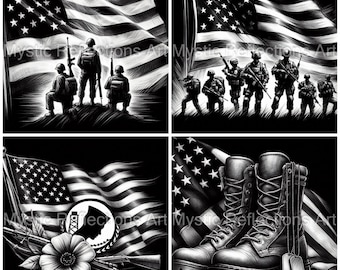 Può includere: Illustrazione in bianco e nero di un gruppo di soldati in piedi di fronte a una bandiera americana. I soldati indossano uniformi militari e portano fucili. La bandiera sventola al vento. L'immagine è un omaggio agli uomini e alle donne che prestano servizio nelle forze armate degli Stati Uniti.
