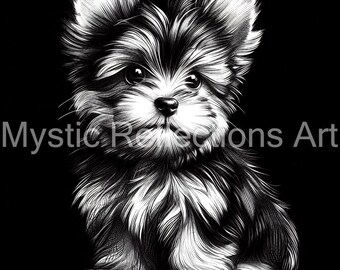 Puede incluir: Ilustración en blanco y negro de un cachorro Yorkshire Terrier sentado con las patas cruzadas. El cachorro tiene un pelaje esponjoso y una expresión dulce.