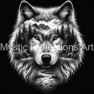 May include: A black and white image of a wolf's head with a forest scene superimposed over it. The wolf's eyes are open and the mouth is closed. The forest scene includes trees, mountains, and a river.