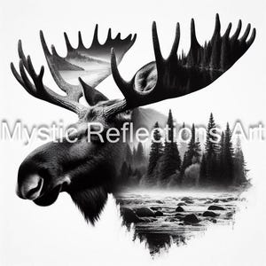 Könnte beinhalten: Ein Schwarzweißfoto eines Elchs mit großen Geweih. Das Geweih ist mit einer Reflexion eines Waldes und eines Flusses gefüllt. Der Text "Mystic Reflections Art" befindet sich am unteren Rand des Bildes.