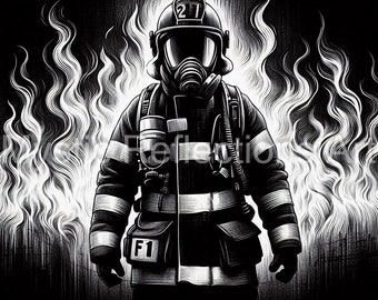 May include: A black and white illustration of a firefighter wearing a helmet and gas mask, standing in front of a background of flames. The firefighter is wearing a fire-resistant suit with reflective stripes and the number "F1" on the chest.