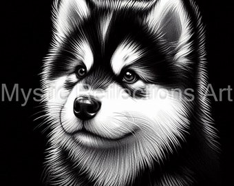Op de afbeelding: Zwart-wit illustratie van een puppy met een glimlach. De puppy heeft zwart en wit haar, met de tekst "Mystic Reflections Art" in de linker benedenhoek. De afbeelding heeft een zwarte achtergrond.