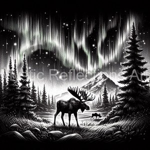 May include: Black and white illustration of a moose with large antlers standing in a forest. The image features a mountain range and the aurora borealis in the background. The text "Mystic Reflections Art" is in the image.