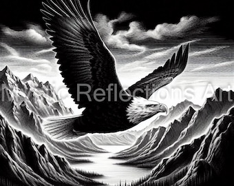 May include: A black and white illustration of a bald eagle soaring over a mountain range with a lake in the valley below.