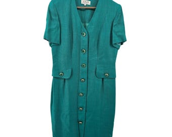 Talbots Dress Womens 14 Teal Green Depeche Vintage 90s Button Front Rayon Sheath
