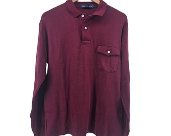 Ralph Lauren Polo Shirt Mens L Burgundy Long Sleeve Flap Pocket Cotton Classic