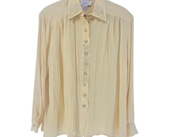 Stephanie Vintage 100% Silk Yellow Beaded Blouse Size Large Sequin Party Top