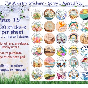 Pegatinas JW de 1,5 pulg. "Lo siento, te he echado de menos" para el ministerio/muchos diseños jw.org/escritura de cartas jw/notas adhesivas/regalos jw/regalo pionero