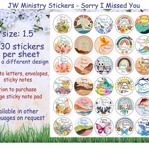 JW stickers 1.5" 'sorry I missed you' stickers for the ministry/many designs jw.org/jw letter writing/sticky notes/jw gifts/pioneer gift