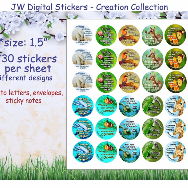 JW Creation Collection Stickers- instant PDF digital file/10 designs/jw ministry supplies - print at home/JW Letter Writing/kids stickers