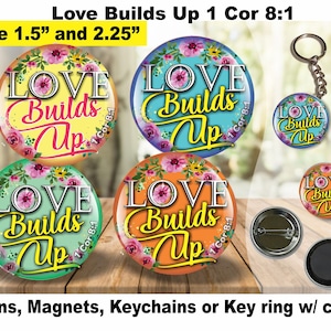 JW Gifts/Love Builds Up 1 Cor 8:1/2019-2020 assembly/floral design/1.5&quot; & 2.25&quot; pin,magnet,keychain/baptism/pioneer/convention/SKE/jw.org