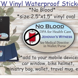 JW 'NO BLOOD' vinyl stickers/jw.org/waterproof weather durable/jw baptism pioneer publisher gifts/field ministry/mobile device car sticker