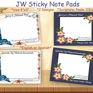 JW Ministry Sticky notes Sorry I missed you! Visit jw.org/English Spanish/option zipper pouch/ministry/jw gifts/pioneer/baptism