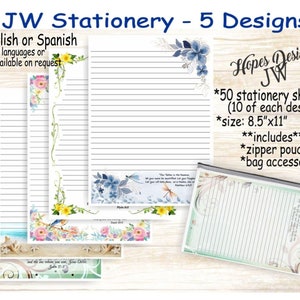 JW gifts/pack #2 JW stationery with zipper pouch - 5 designs/English Spanish/standard, college,wide spacing/letter writing/ministry/jw.org