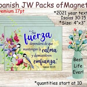 JW Spanische Geschenke/2021 Jahrestext/Magnetpackung 4"x3"/Frühlingsvögel und florales Design/Isaías 30:15/jw ministry/jw.org/best life ever/