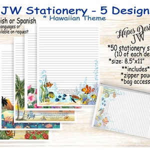 JW gifts/pack #11 JW stationery with zipper pouch - 5 designs/English Spanish/standard, college, wide spacing/letter writing/ministry/jw.org
