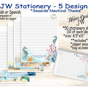 JW gifts/pack #8 JW stationery with zipper pouch /5 seaside nautical/English Spanish/standard, college, wide spacing/letter writing/ministry