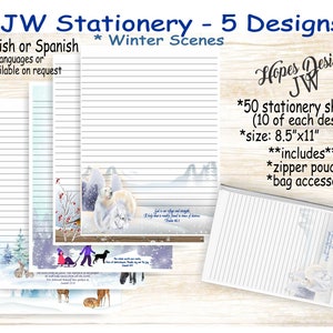 JW gifts/pack #9 JW stationery with zipper pouch 5 winter designs/English Spanish/standard, college, wide spacing/letter writing/jw ministry