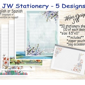 JW gifts/pack#1 JW stationery with zipper pouch - 5 designs/English Spanish/standard, college, wide spacing/letter writing/ministry/jw.org