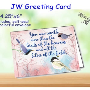 Regalos de JW: tarjeta de felicitación de aliento: vale más que pájaros y lirios/ministerio de jw/jw.org/tarjetas de jw/tarjeta de nota de jw/escritura de cartas de jw
