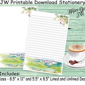 Cancelleria per lettere JW - file digitale PDF istantaneo e WORD/acquerello lago pacifico sulle colline design/forniture ministero JW - stampa a casa