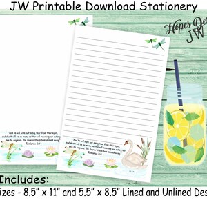 Cancelleria per lettere JW - download immediato di file digitali PDF e WORD/design dello stagno di cigni e libellule/forniture per ministeri JW - stampa a casa