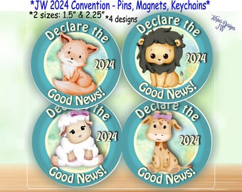 JW Declare the Good News - 2024 Convention - 1.5" & 2.25" pin, magnet, keychain - 4 designs/English - Spanish/jw pioneer gift/jw gifts
